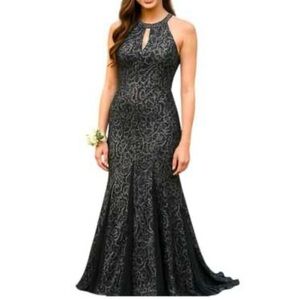 MARINA Black and Silver Lace Prom Dress